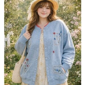 Vintage Spring Cardigan Grannycore Blue Floral Sweatshirt Button Front Plus 2X